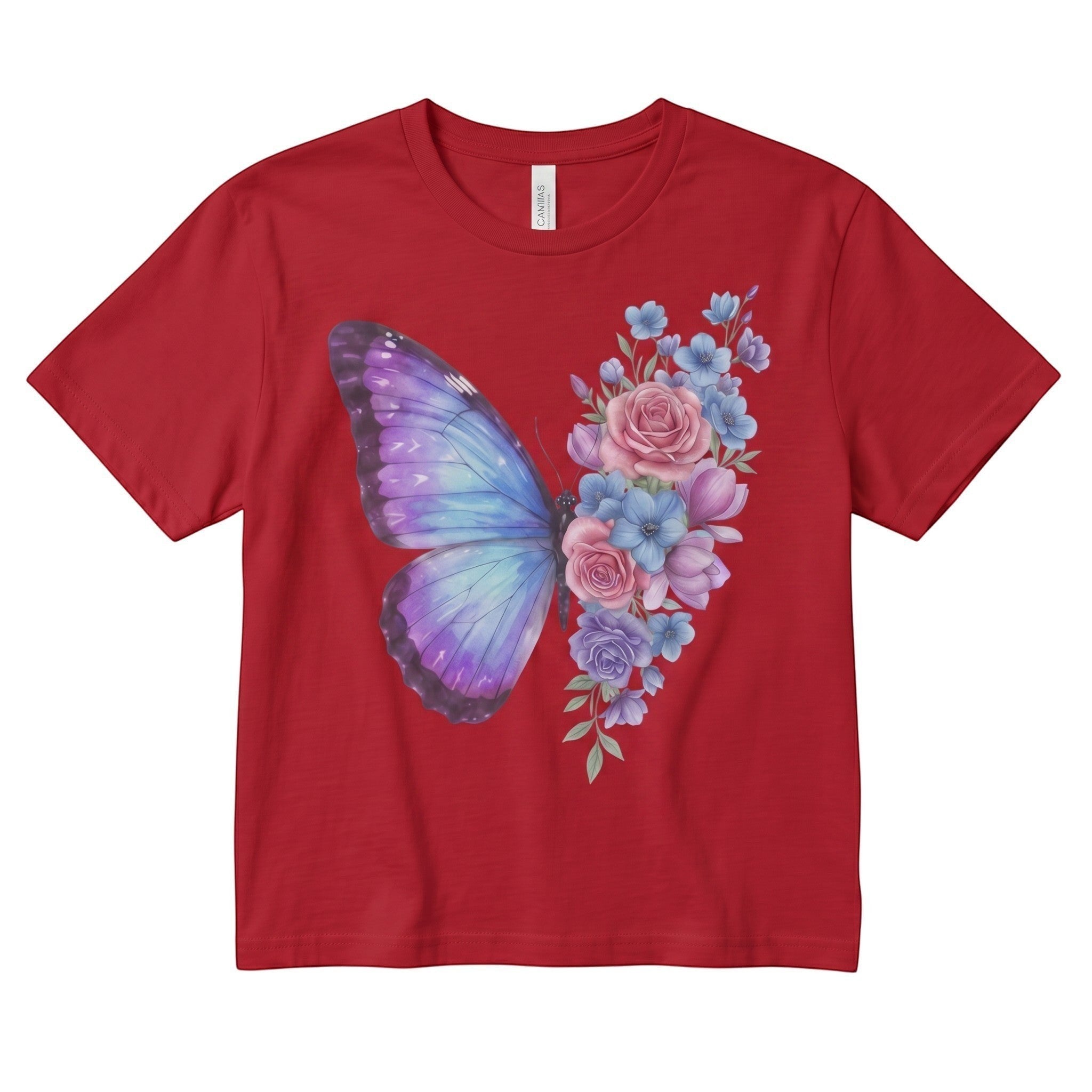 TrendyShift.Com red micro rib baby tee featuring a pastel butterfly and floral rose print in a fitted cropped style.