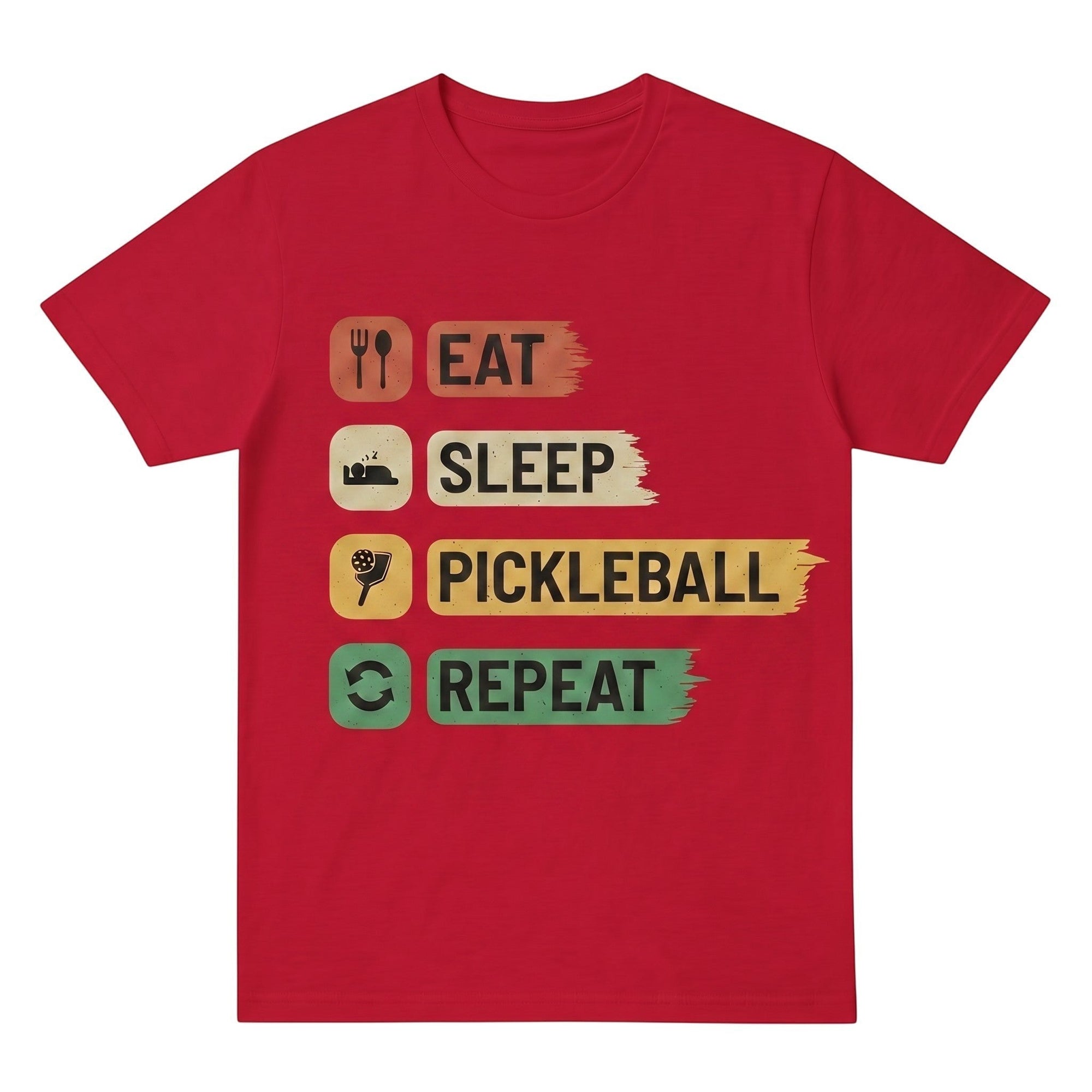 TrendyShift.Com red unisex cotton t-shirt featuring an Eat Sleep Pickleball Repeat graphic print design.