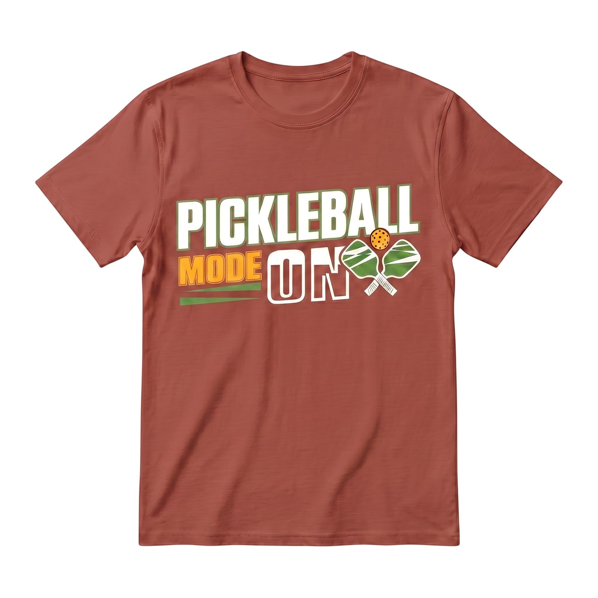TrendyShift.Com rust-colored unisex cotton t-shirt with Pickleball Mode On graphic print