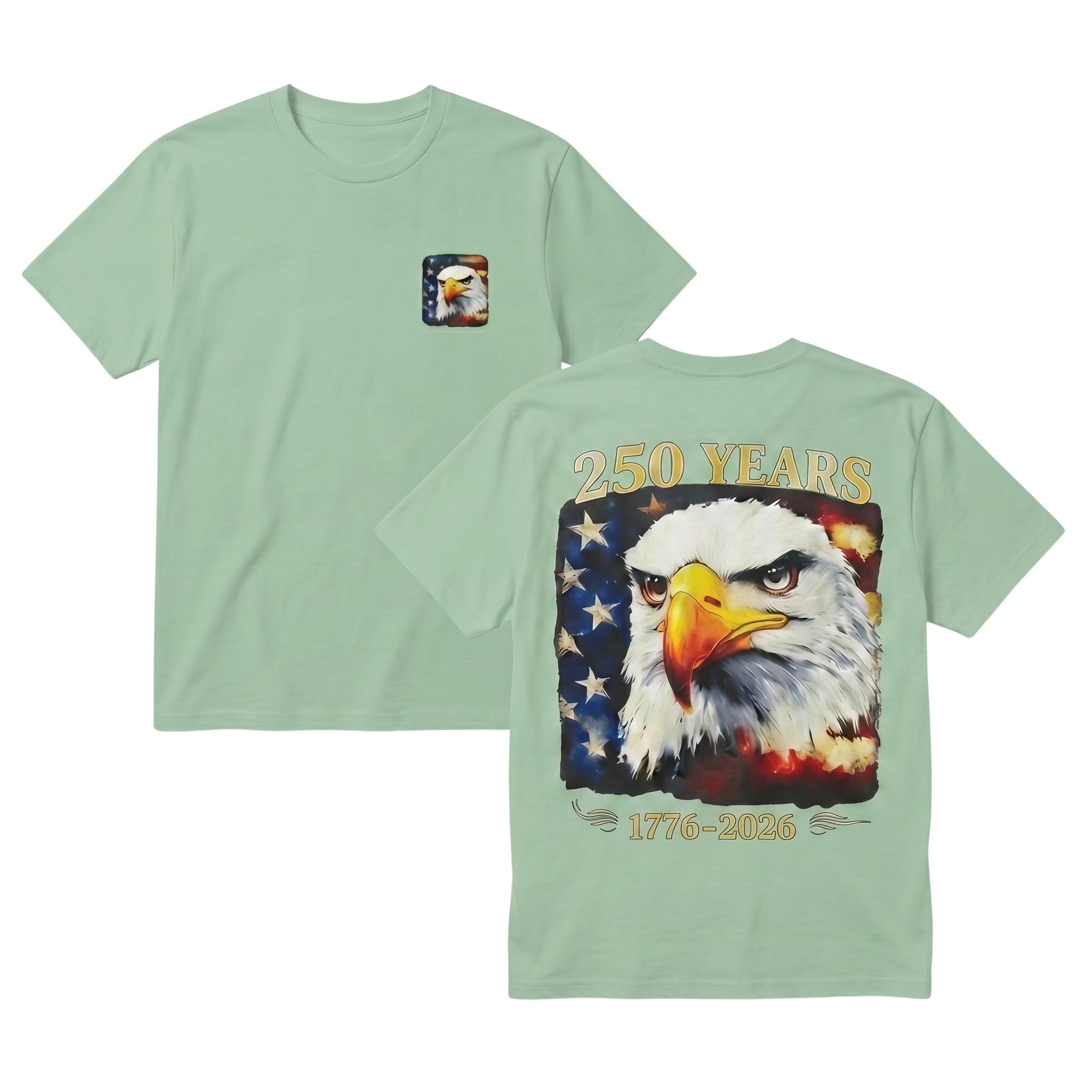 TrendyShift.Com sage green cotton t-shirt with American 250th anniversary eagle graphic on front and back