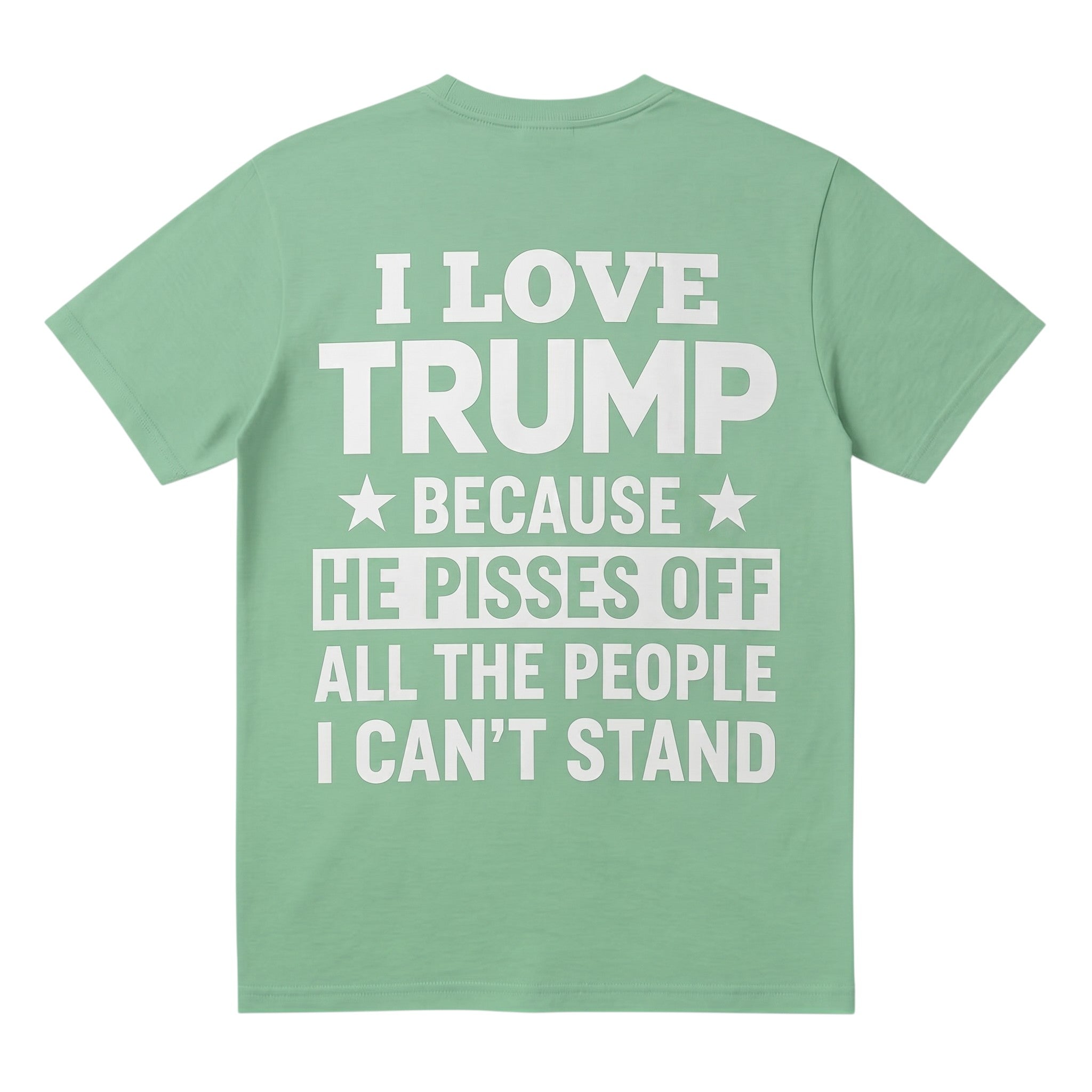 TrendyShift.Com sage green unisex t-shirt with white I Love Trump slogan printed on the back