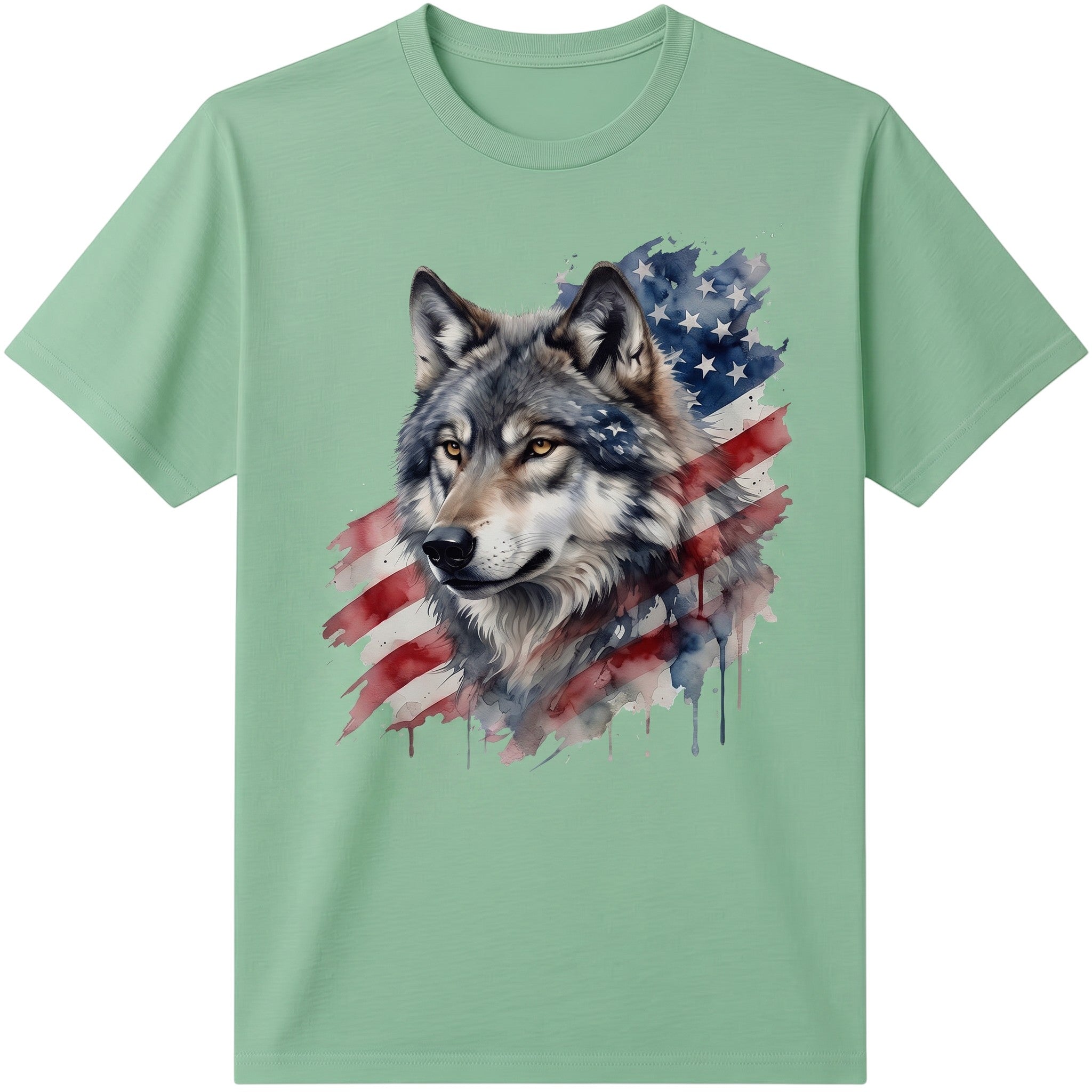 TrendyShift.Com sage green t-shirt featuring a watercolor wolf graphic blended with an American flag design.