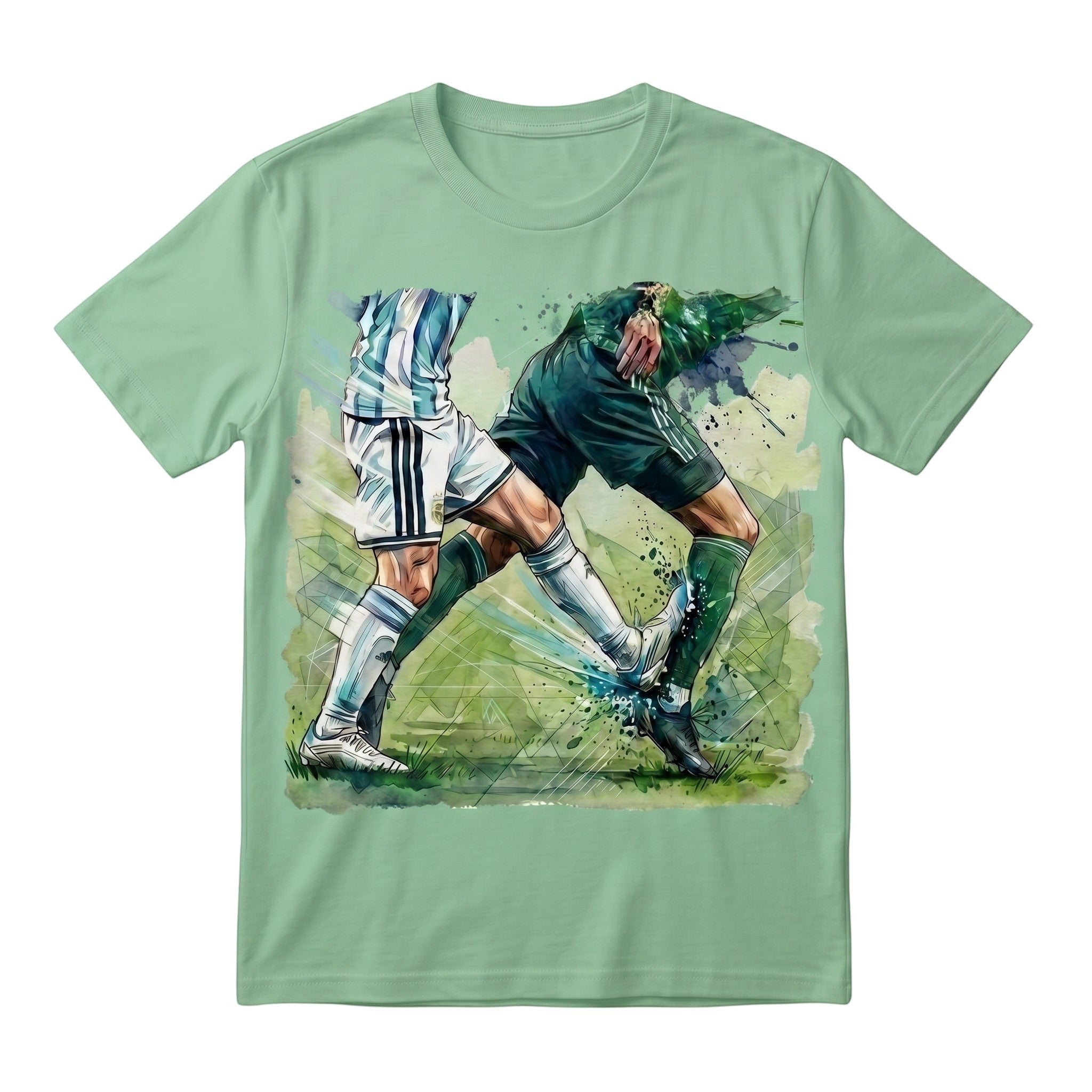 TrendyShift.Com sage green cotton t-shirt featuring a dynamic watercolor graphic of two soccer players in a duel.