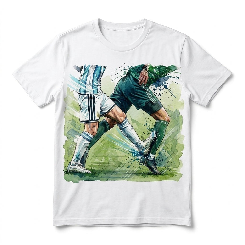 TrendyShift.Com white cotton t-shirt featuring a vibrant watercolor graphic of two soccer players in a duel.