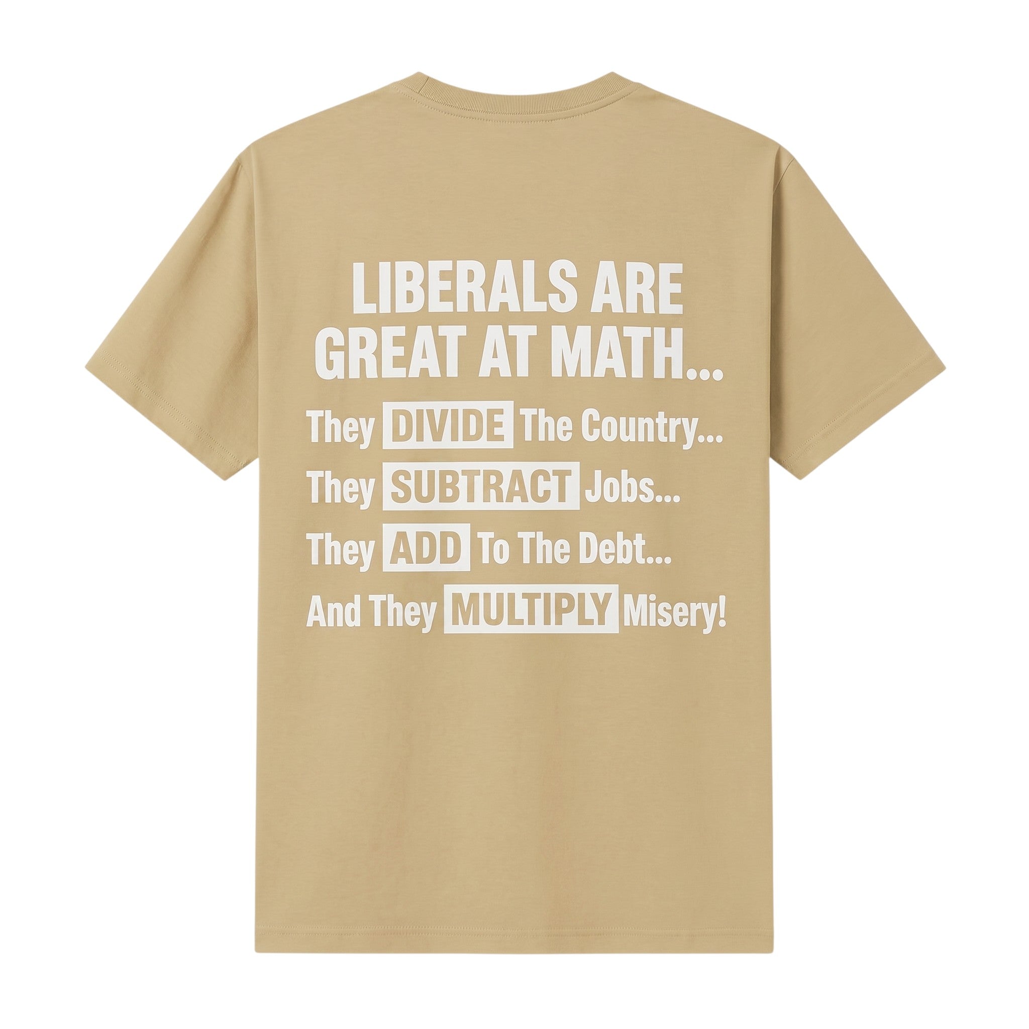 TrendyShift.Com tan t-shirt featuring white text about political math on the back