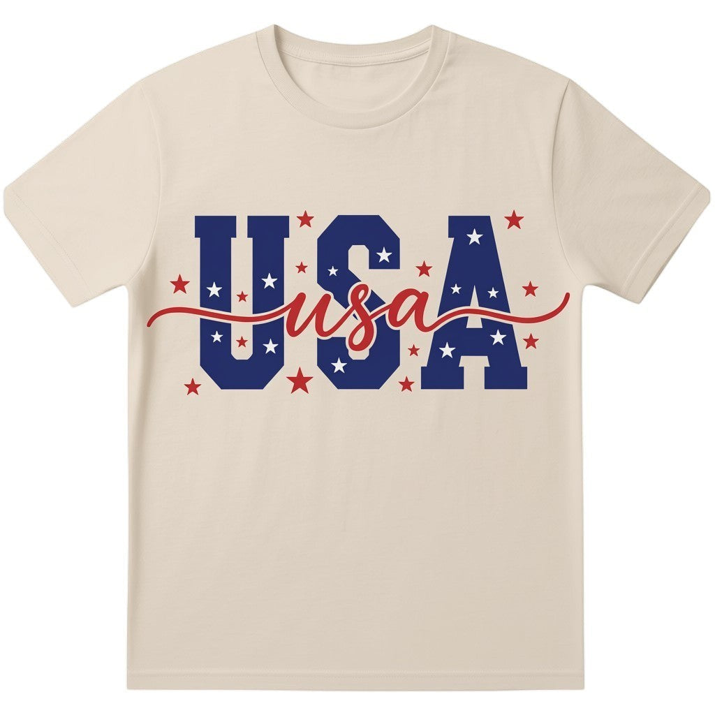 TrendyShift.Com unisex heavy cotton t-shirt in sand featuring a blue USA graphic with red and white star accents.