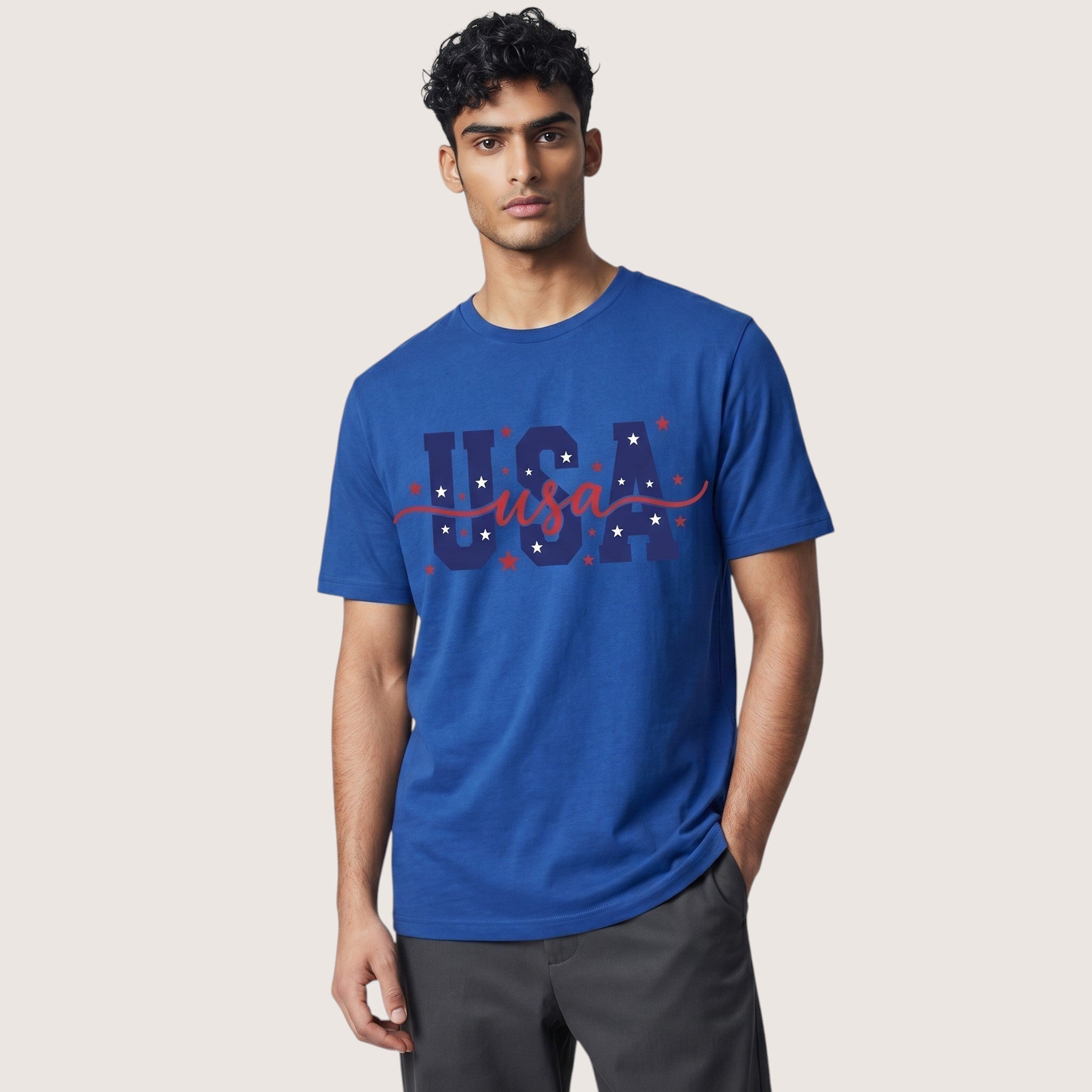 TrendyShift.Com unisex blue cotton t-shirt with USA patriotic star graphic and red script lettering on a male model