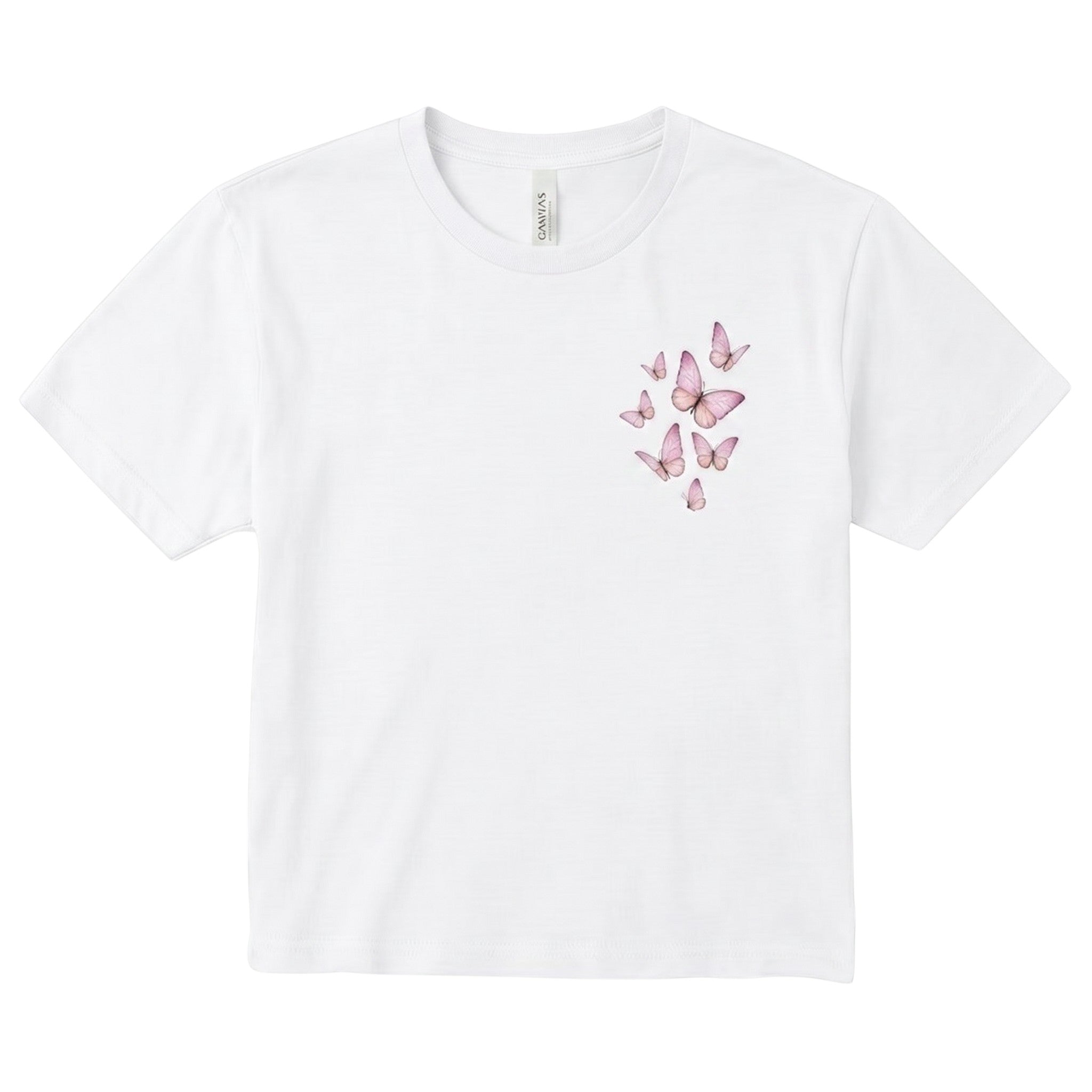 TrendyShift.Com white cropped crewneck t-shirt featuring a delicate pink butterfly graphic on the chest.