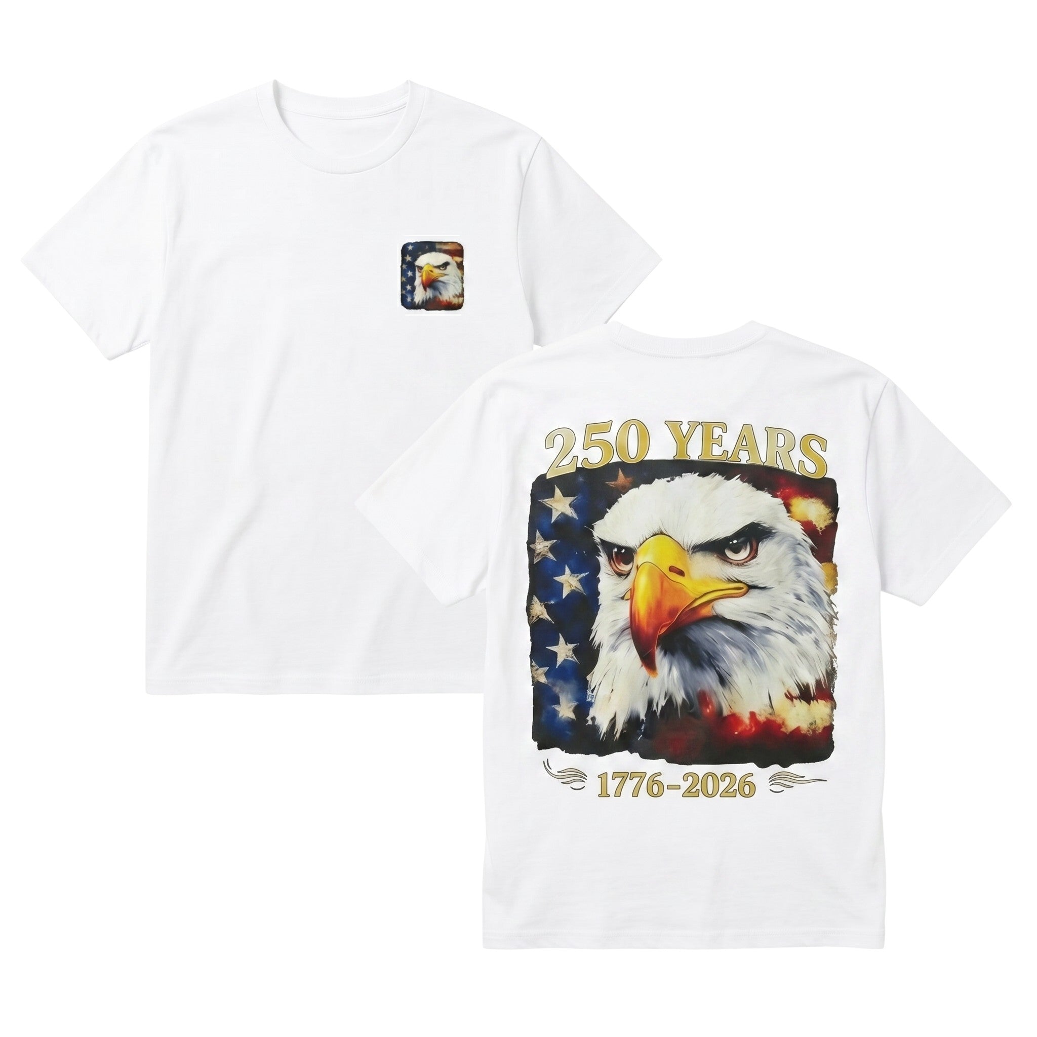 TrendyShift.Com white cotton t-shirt with American eagle and distressed flag graphic on chest and back