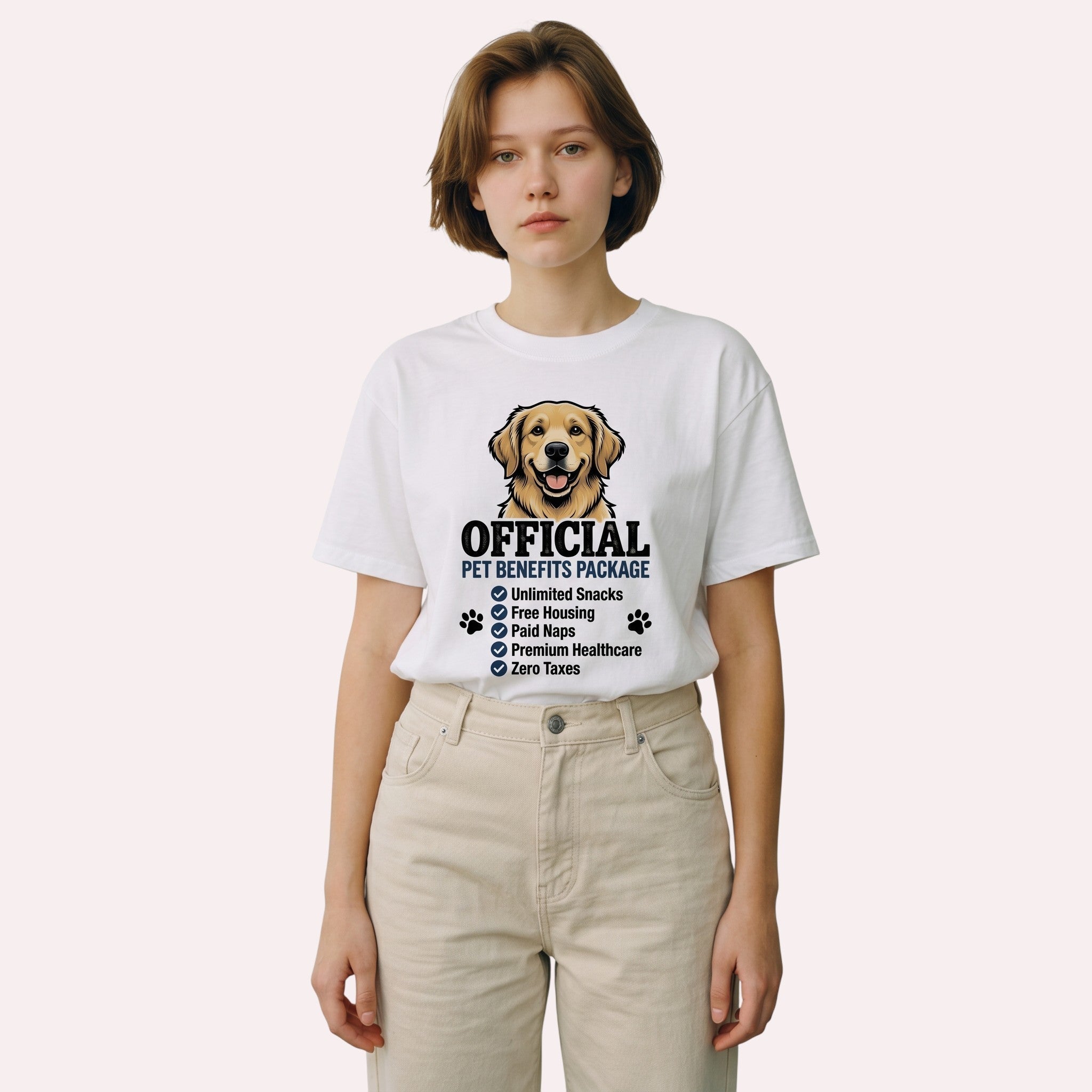TrendyShift.Com white cotton unisex t-shirt featuring a golden retriever graphic and pet benefits list text.