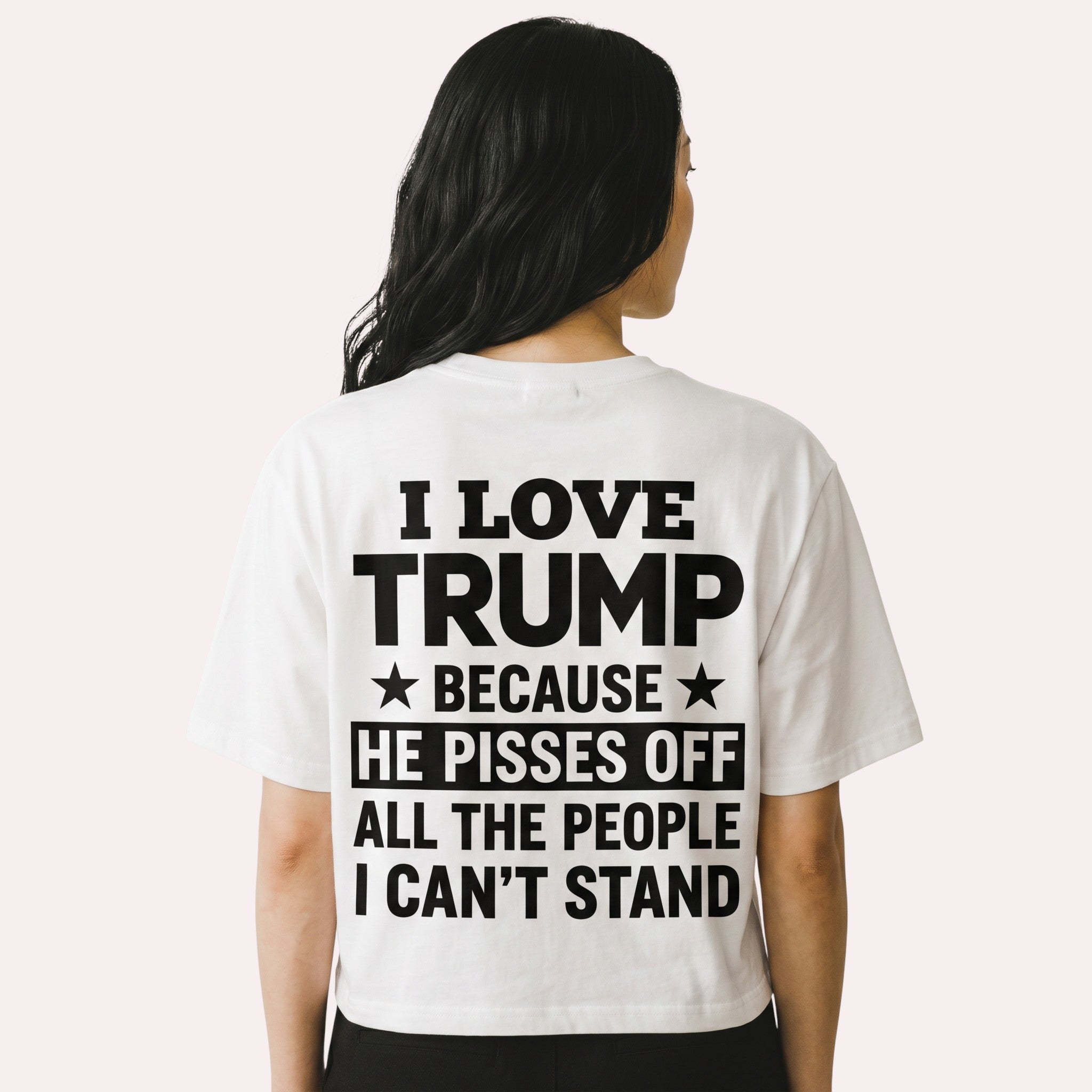 TrendyShift.Com white unisex t-shirt featuring bold black text on the back expressing political sentiment.