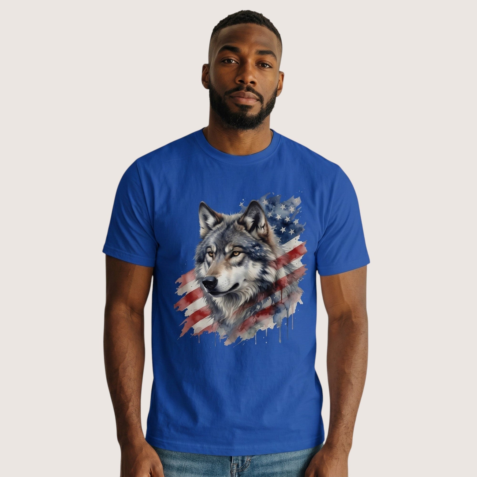 TrendyShift.Com blue t-shirt featuring a watercolor wolf and American flag graphic worn by a man