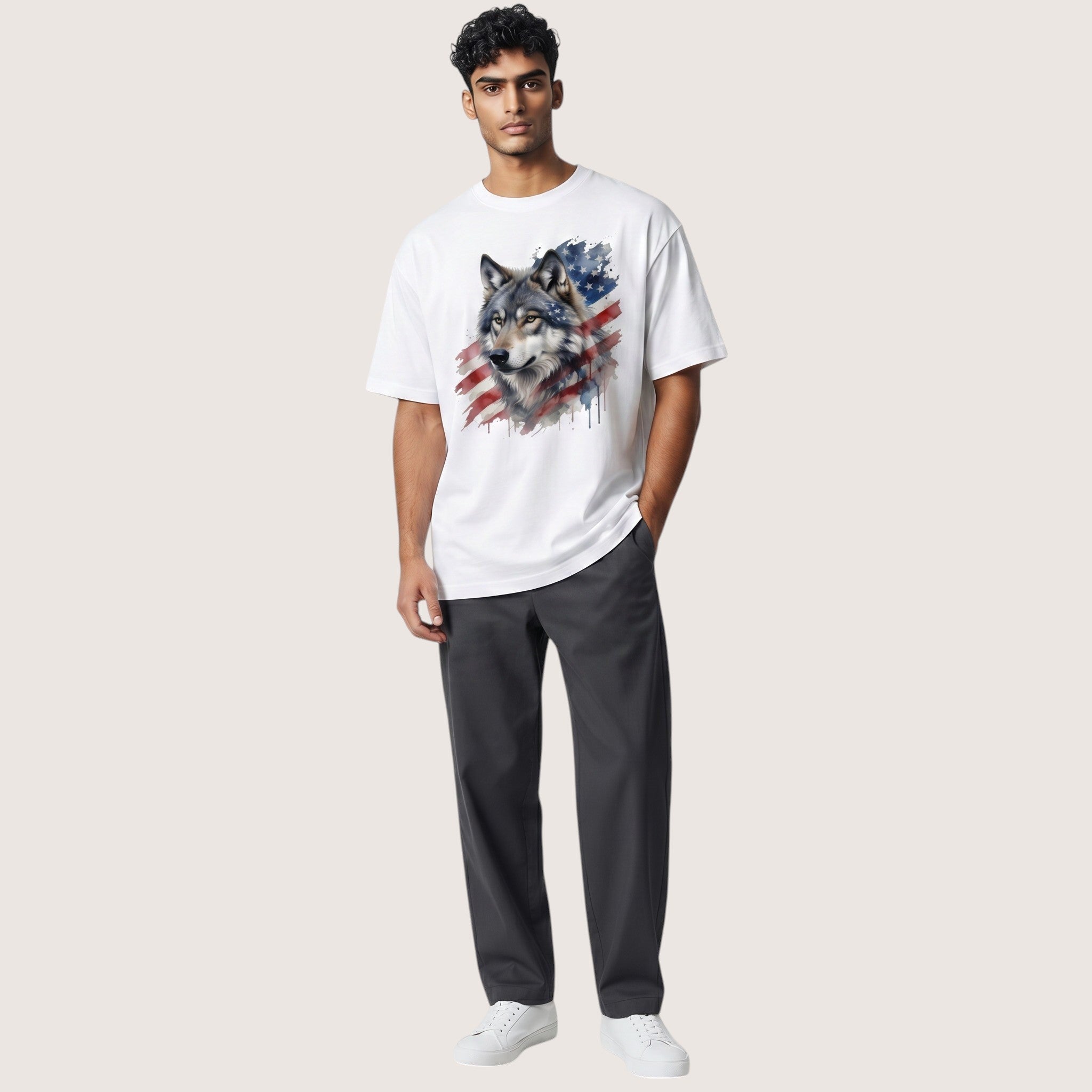 TrendyShift.Com white t-shirt featuring a watercolor wolf and American flag graphic worn by a male model.