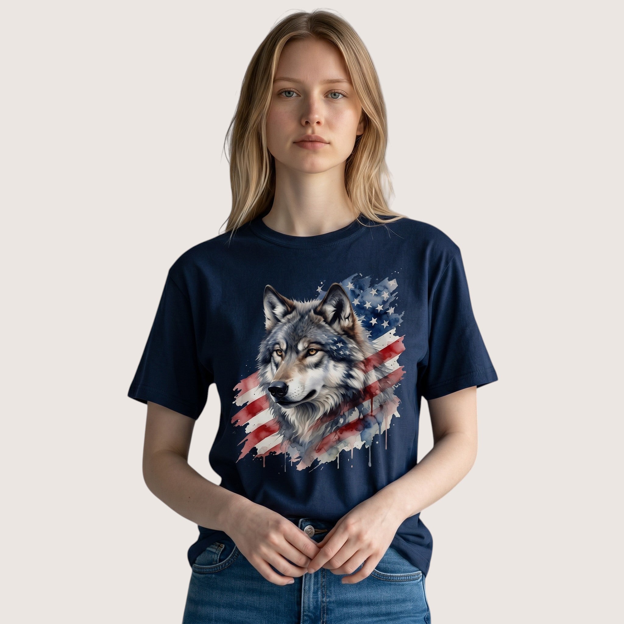 TrendyShift.Com black t-shirt featuring a watercolor wolf and American flag graphic worn by a blonde woman