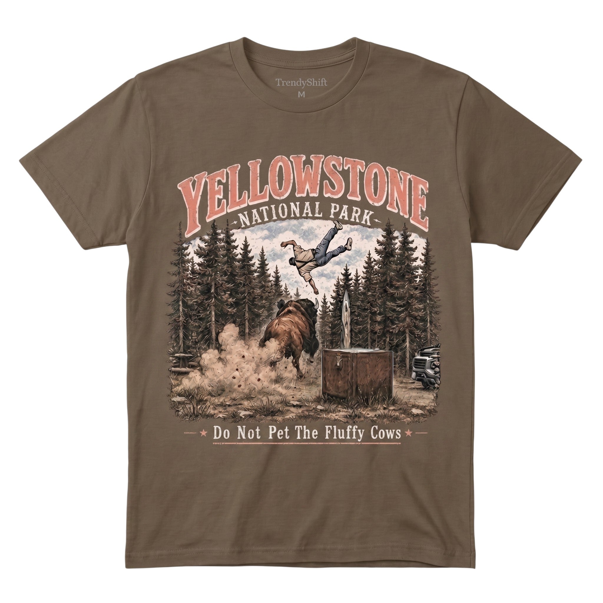 TrendyShift.Com brown cotton Yellowstone National Park graphic t-shirt featuring a bison charging a tourist