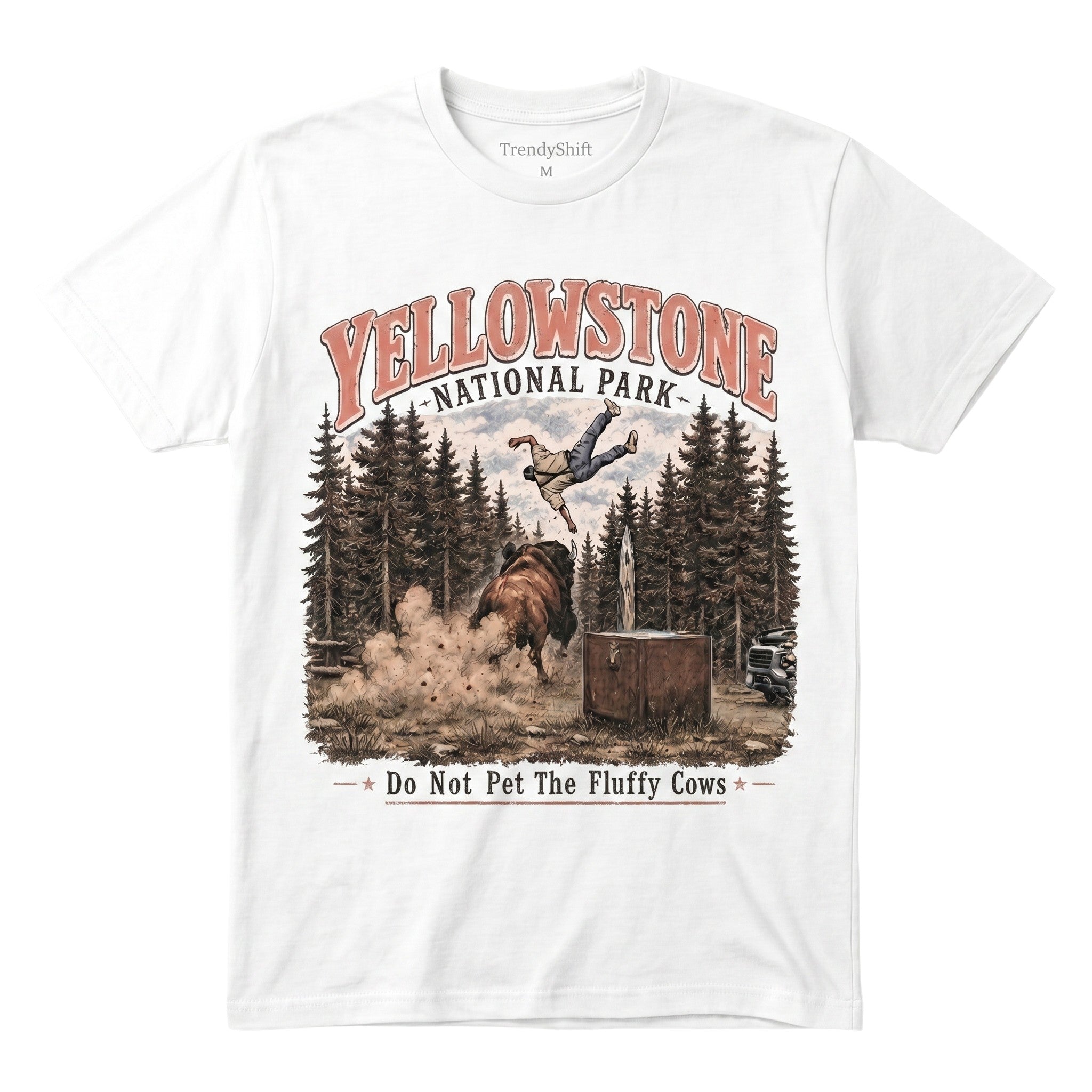 TrendyShift.Com white 100% cotton Yellowstone National Park graphic t-shirt featuring a bison and humorous design.