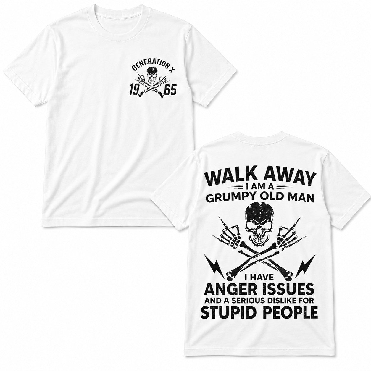 WearTheJoke.com white cotton t-shirt with Generation X 1965 skull graphic and grumpy old man slogan on back