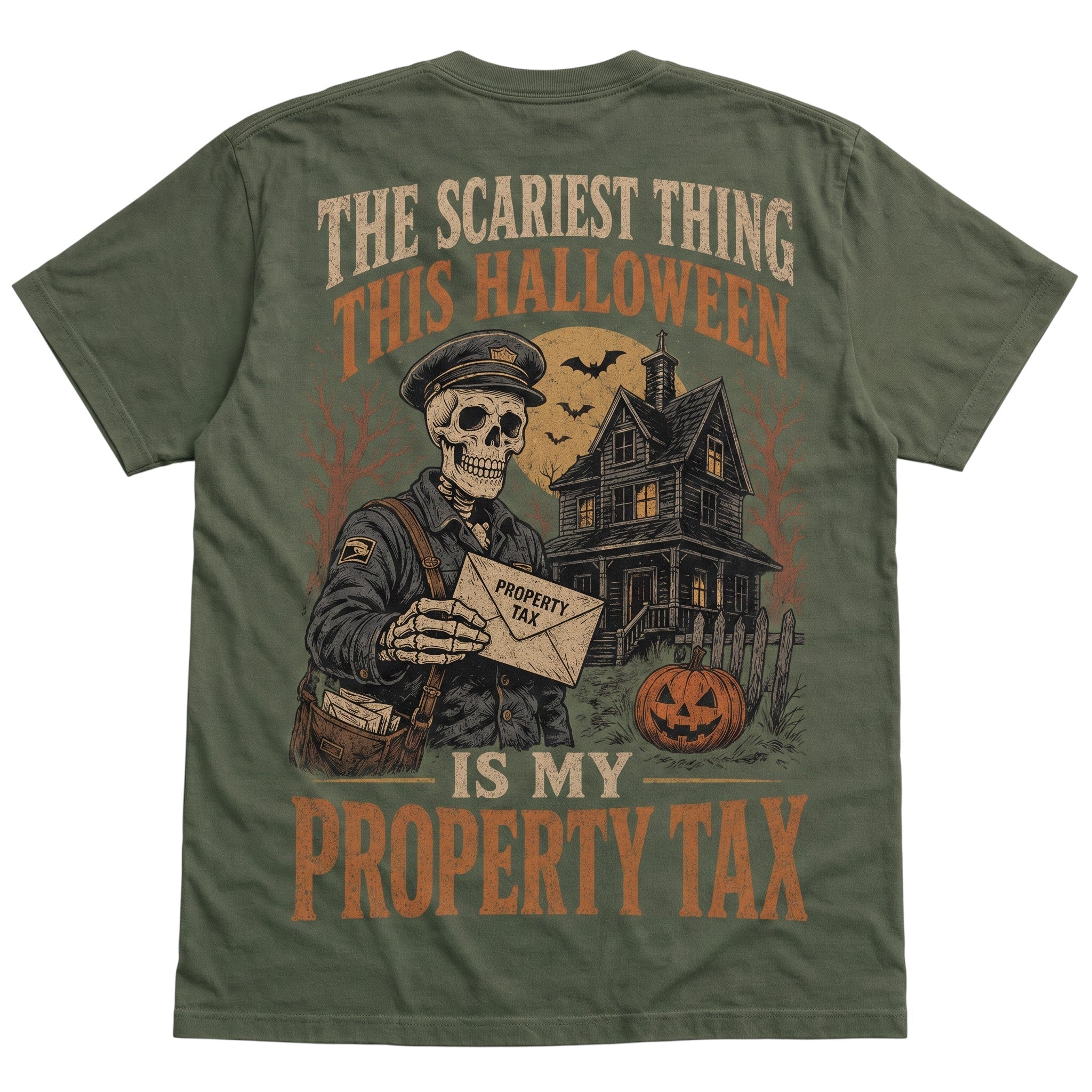 WearTheJoke.com olive green cotton t-shirt with vintage skeleton mailman and haunted house Halloween graphic print