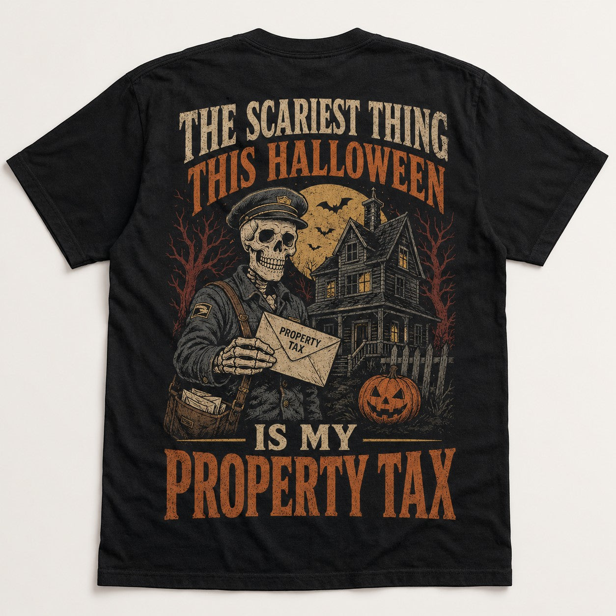 WearTheJoke.com black cotton Halloween t-shirt featuring a skeleton mailman graphic and haunted house artwork.
